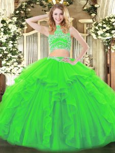 Two Pieces Tulle High-neck Sleeveless Beading and Ruffles Floor Length Backless Vestidos de Quinceanera