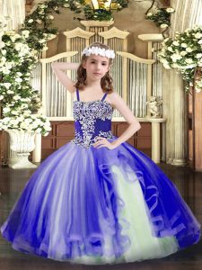 Blue Sleeveless Floor Length Appliques Lace Up Child Pageant Dress