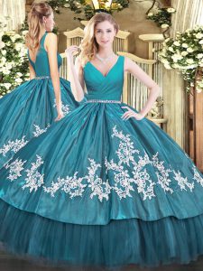 New Style Teal Sleeveless Tulle Zipper Quinceanera Dress for Military Ball and Sweet 16 and Quinceanera