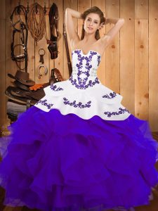 Modern Floor Length White And Purple 15th Birthday Dress Satin and Organza Sleeveless Embroidery and Ruffles