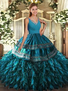 Hot Selling Blue Sleeveless Organza Backless Quinceanera Dresses for Military Ball and Sweet 16 and Quinceanera