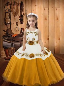 High Class Gold Sleeveless Floor Length Embroidery Lace Up Custom Made Pageant Dress