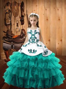 Ball Gowns Little Girls Pageant Dress Wholesale Turquoise Straps Satin and Tulle Sleeveless Floor Length Lace Up