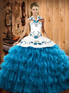 Teal Ball Gowns Halter Top Sleeveless Organza Floor Length Lace Up Embroidery and Ruffled Layers Ball Gown Prom Dress