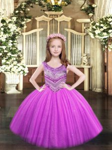 High End Lilac Ball Gowns Scoop Sleeveless Tulle Floor Length Lace Up Beading Pageant Dress Wholesale