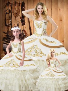Gorgeous White Ball Gowns Organza and Taffeta Strapless Sleeveless Embroidery and Ruffled Layers Floor Length Lace Up Sw