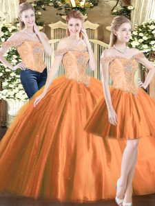 Discount Off The Shoulder Sleeveless Sweet 16 Dress Floor Length Beading Orange Red Tulle