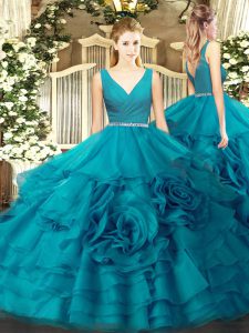Designer Teal V-neck Zipper Beading Ball Gown Prom Dress Sleeveless