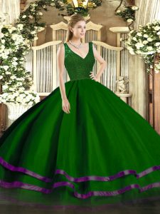 Green Zipper V-neck Beading and Ruffled Layers Quince Ball Gowns Tulle Sleeveless