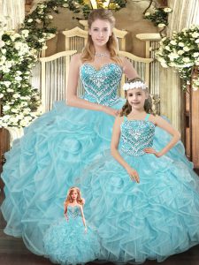 Beading and Ruffles 15th Birthday Dress Aqua Blue Lace Up Sleeveless Floor Length