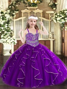 Most Popular Purple Straps Neckline Beading and Ruffles Kids Pageant Dress Sleeveless Lace Up