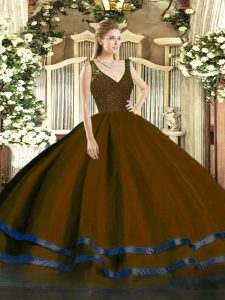 Brown A-line V-neck Sleeveless Tulle Floor Length Zipper Beading and Ruffled Layers Quinceanera Dress