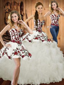 Extravagant Embroidery and Ruffles Quince Ball Gowns White Lace Up Sleeveless Brush Train
