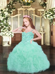 Apple Green Ball Gowns Organza Spaghetti Straps Sleeveless Beading and Ruffles and Pick Ups Floor Length Lace Up Pageant