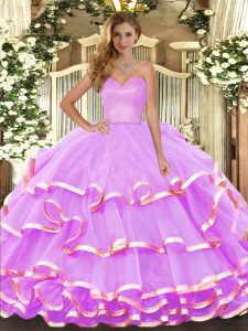 Lilac Ball Gowns Sweetheart Sleeveless Organza Floor Length Lace Up Ruffled Layers Quinceanera Gowns