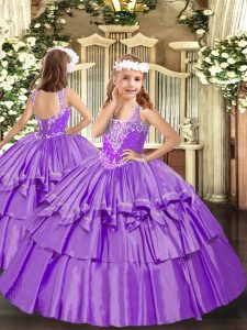 Custom Designed Lavender Organza Lace Up V-neck Sleeveless Floor Length Pageant Dress Toddler Beading and Ruffled Layers