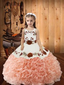 Best Floor Length Lace Up Little Girl Pageant Gowns Peach for Sweet 16 and Quinceanera with Embroidery and Ruffles