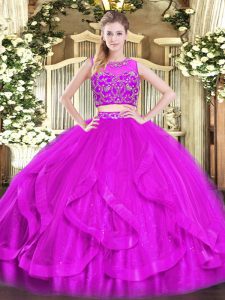 High Quality Tulle Scoop Sleeveless Zipper Beading and Ruffles Sweet 16 Quinceanera Dress in Purple