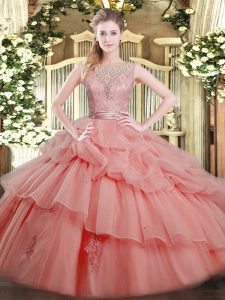 New Arrival Scoop Sleeveless Sweet 16 Quinceanera Dress Floor Length Beading and Ruffled Layers Watermelon Red Tulle