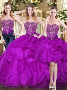 Amazing Sleeveless Floor Length Beading and Ruffles Lace Up Sweet 16 Dress with Fuchsia