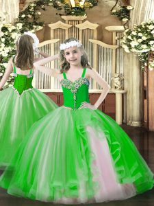 Green Ball Gowns Tulle Straps Sleeveless Beading Floor Length Lace Up Pageant Dress