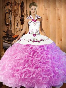 Inexpensive Halter Top Sleeveless Lace Up Sweet 16 Dresses Rose Pink Fabric With Rolling Flowers
