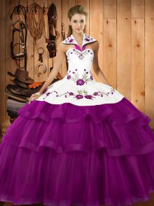 Graceful Sweep Train Ball Gowns 15th Birthday Dress Eggplant Purple Halter Top Organza Sleeveless Lace Up