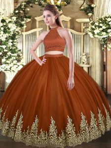 Customized Floor Length Rust Red Ball Gown Prom Dress Tulle Sleeveless Beading and Appliques