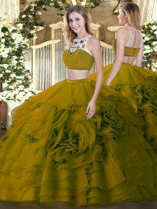 Olive Green Sleeveless Floor Length Beading and Ruffled Layers Backless 15th Birthday Dress
