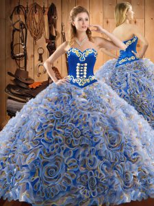 Fabulous Multi-color Sleeveless Satin and Fabric With Rolling Flowers Brush Train Lace Up Sweet 16 Quinceanera Dress for