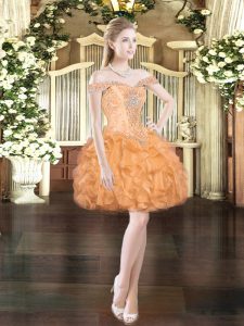 Orange Red Organza Lace Up Off The Shoulder Sleeveless Mini Length Prom Gown Beading and Ruffles