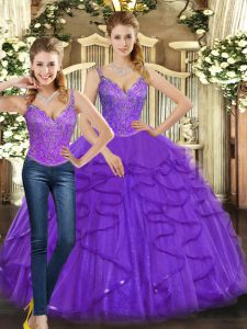 Discount Purple Straps Neckline Beading and Ruffles Quinceanera Dresses Sleeveless Lace Up