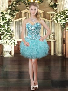 Aqua Blue Sleeveless Beading and Ruffles Mini Length Prom Evening Gown