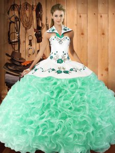 Nice Floor Length Apple Green Quinceanera Dress Halter Top Sleeveless Lace Up