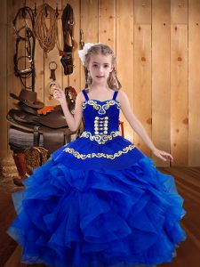 Sleeveless Organza Floor Length Lace Up Girls Pageant Dresses in Royal Blue with Embroidery and Ruffles