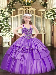 Unique Lavender Organza Lace Up Pageant Dress Wholesale Sleeveless Floor Length Beading and Ruffled Layers