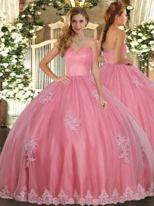 Best Selling Watermelon Red Ball Gowns Sweetheart Sleeveless Tulle Floor Length Lace Up Beading and Appliques Sweet 16 D