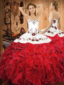 Trendy White And Red Sleeveless Embroidery and Ruffles Floor Length Sweet 16 Quinceanera Dress