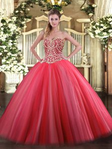 Floor Length Lace Up Ball Gown Prom Dress Coral Red for Military Ball and Sweet 16 and Quinceanera with Beading