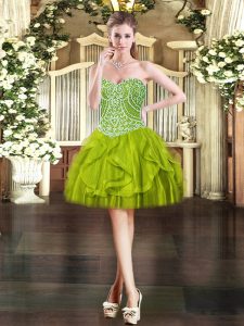 Olive Green Ball Gowns Beading and Ruffles Homecoming Dress Lace Up Tulle Sleeveless Mini Length