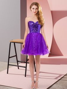 Purple A-line Tulle Sweetheart Sleeveless Sequins Mini Length Zipper Dress for Prom