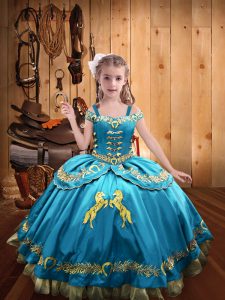 Excellent Baby Blue Little Girl Pageant Dress Sweet 16 and Quinceanera with Beading and Embroidery Off The Shoulder Slee