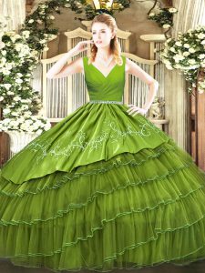 Super Sleeveless Satin and Organza Floor Length Zipper Vestidos de Quinceanera in Olive Green with Embroidery and Ruffle