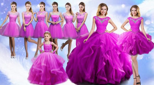 Ideal Fuchsia Scoop Neckline Beading and Ruffles Sweet 16 Quinceanera Dress Sleeveless Lace Up