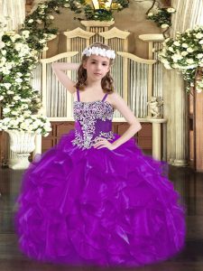 Sleeveless Floor Length Beading and Ruffles Lace Up Kids Formal Wear with Purple