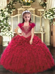 Sleeveless Organza Floor Length Lace Up Little Girls Pageant Dress in Red with Beading and Ruffles