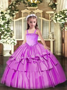 Straps Sleeveless Little Girl Pageant Gowns Floor Length Appliques and Ruffled Layers Lilac Organza