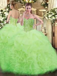 Yellow Green Organza Lace Up Sweetheart Sleeveless Floor Length 15th Birthday Dress Beading and Ruffles