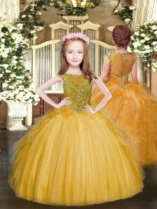 Tulle Scoop Sleeveless Zipper Beading and Ruffles Child Pageant Dress in Gold
