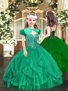 Customized Turquoise Ball Gowns Beading and Ruffles Little Girls Pageant Dress Lace Up Tulle Sleeveless Floor Length